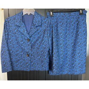 Vintage Skirt Suit Juniors Small 60s 70s Japan Blue Jacquard Floral Jacket Skirt